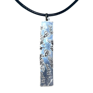 Handmade stamped‎ bee & floral silver  
adjustable Black leather cord necklace